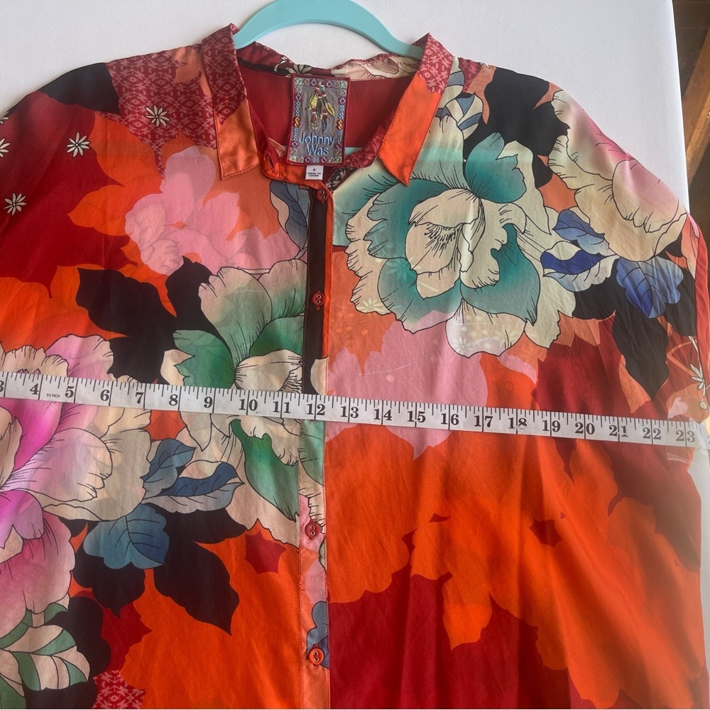Johnny Was Floral Silk Button-Up Blouse in Red, Orange, Green, Pink - Picture 8 of 10